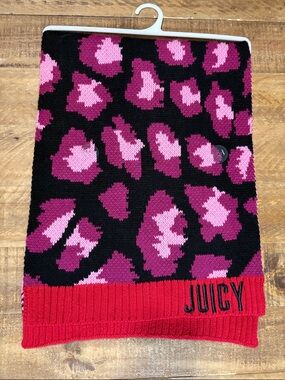 Juicy Couture Black & Pink Leopard Knit Scarf with Red Trim NWOT